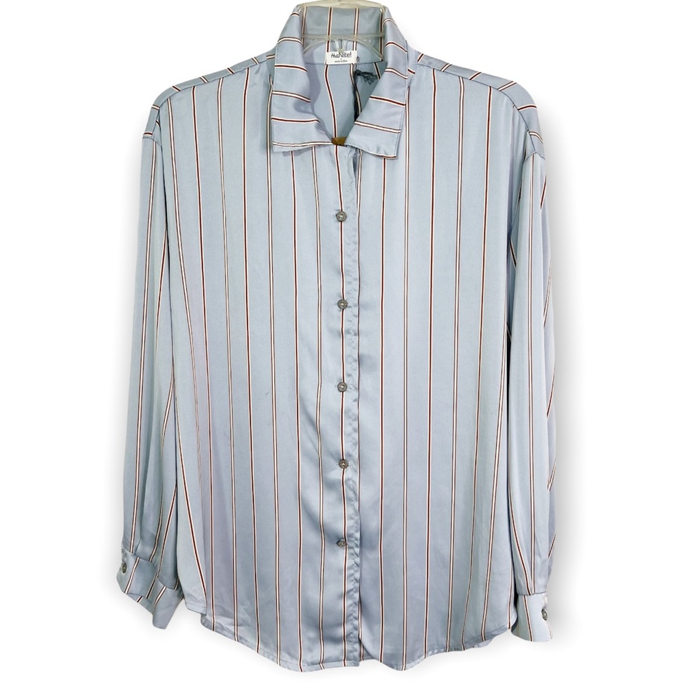 Hello Nite! Revolve Satin Pinstripe Long Sleeve Button Down Pajama Top Size S